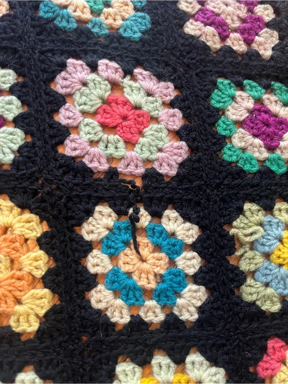 Handmade Crochet Granny Square Multicolor Bordered Blanket Throw Vintage 67x41